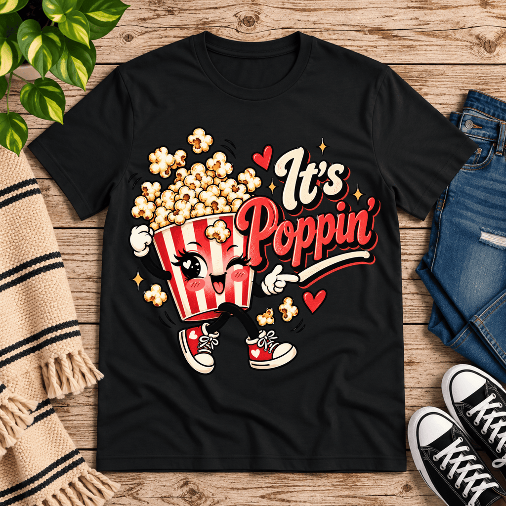 It's Poppin' cute food graphic t-shirt cozy flat lay in vintage black.