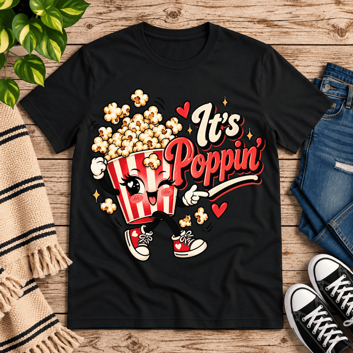 It's Poppin' cute food graphic t-shirt cozy flat lay in vintage black.