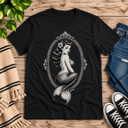 Mermaid Cameo vintage pinup graphic t-shirt cozy flat lay in vintage black.