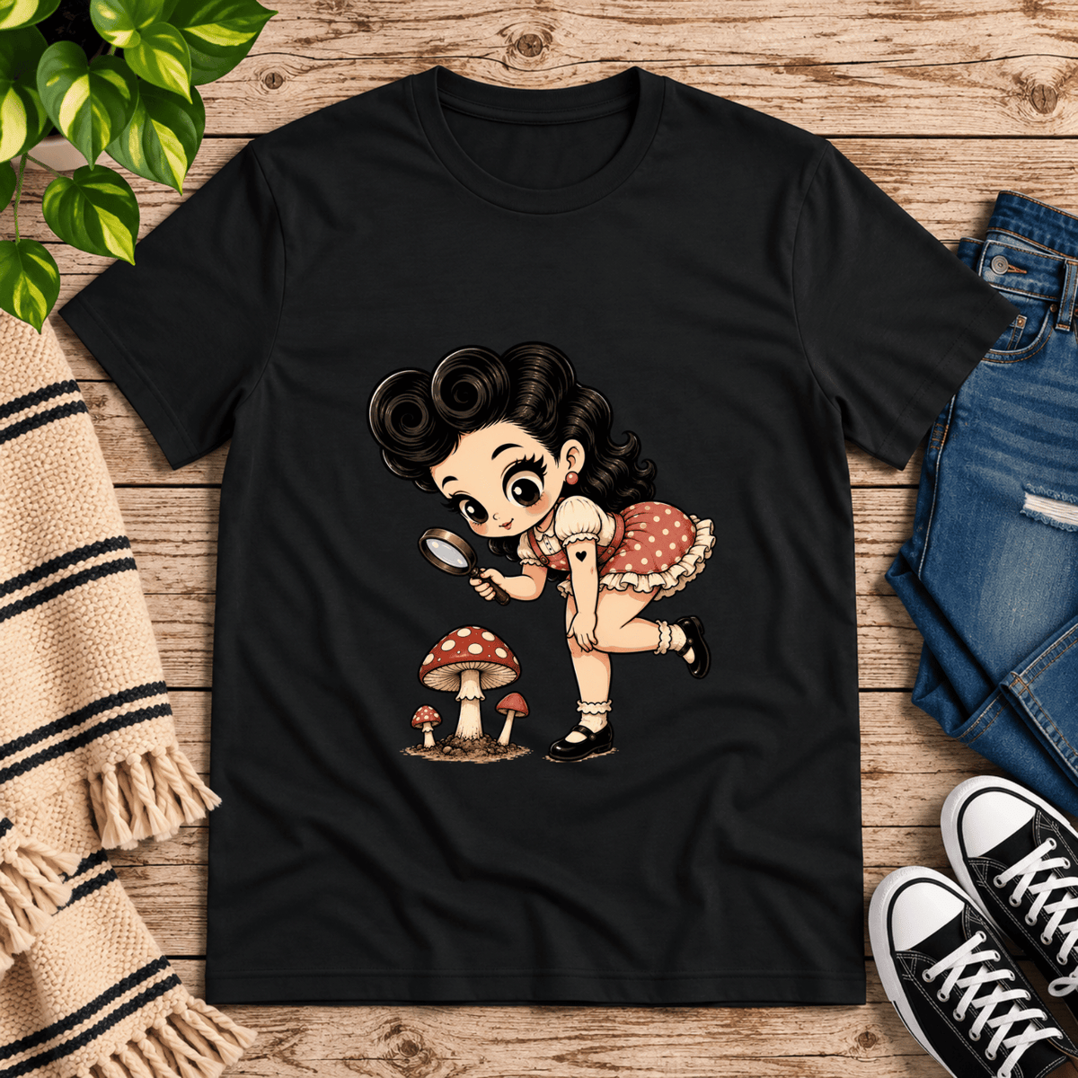 Mushroom Mabel cute pinup graphic t-shirt cozy flat lay in vintage black.