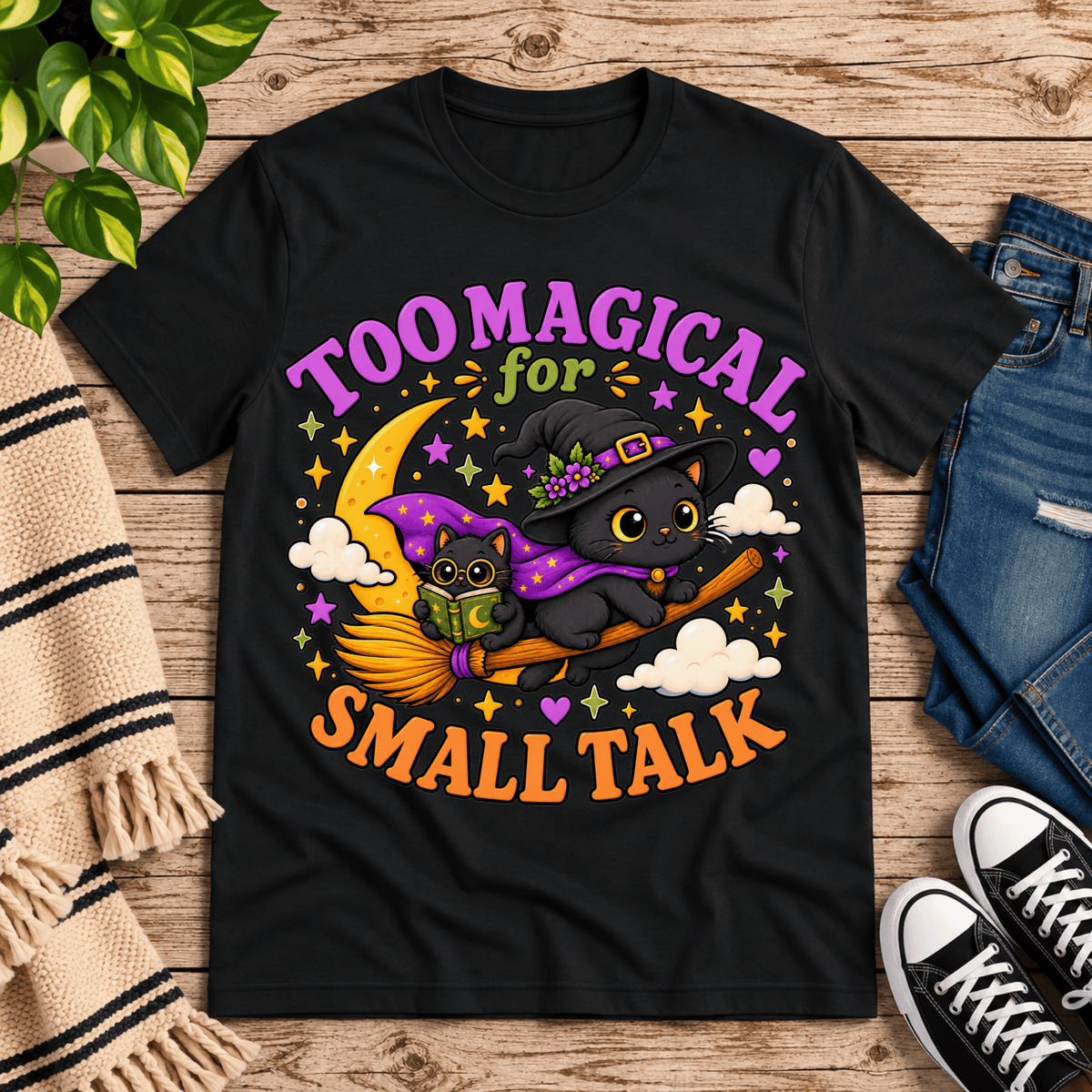 Too Magical cute celestial graphic t-shirt cozy flat lay in vintage black.