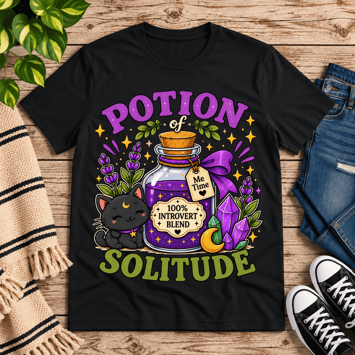 Potion Of Solitude cute celestial graphic t-shirt cozy flat lay in vintage black.