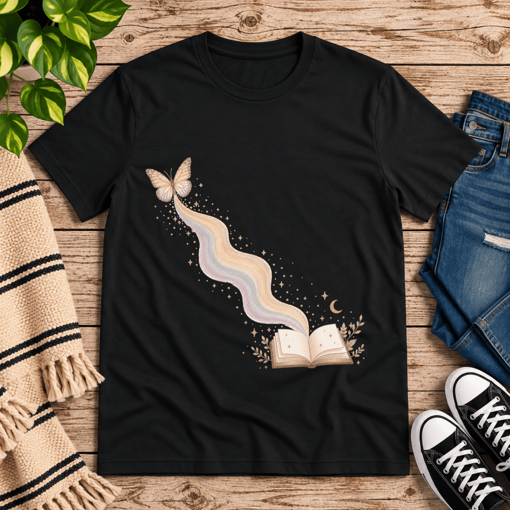Rainbow Book whimsical book graphic t-shirt cozy flat lay in vintage black.