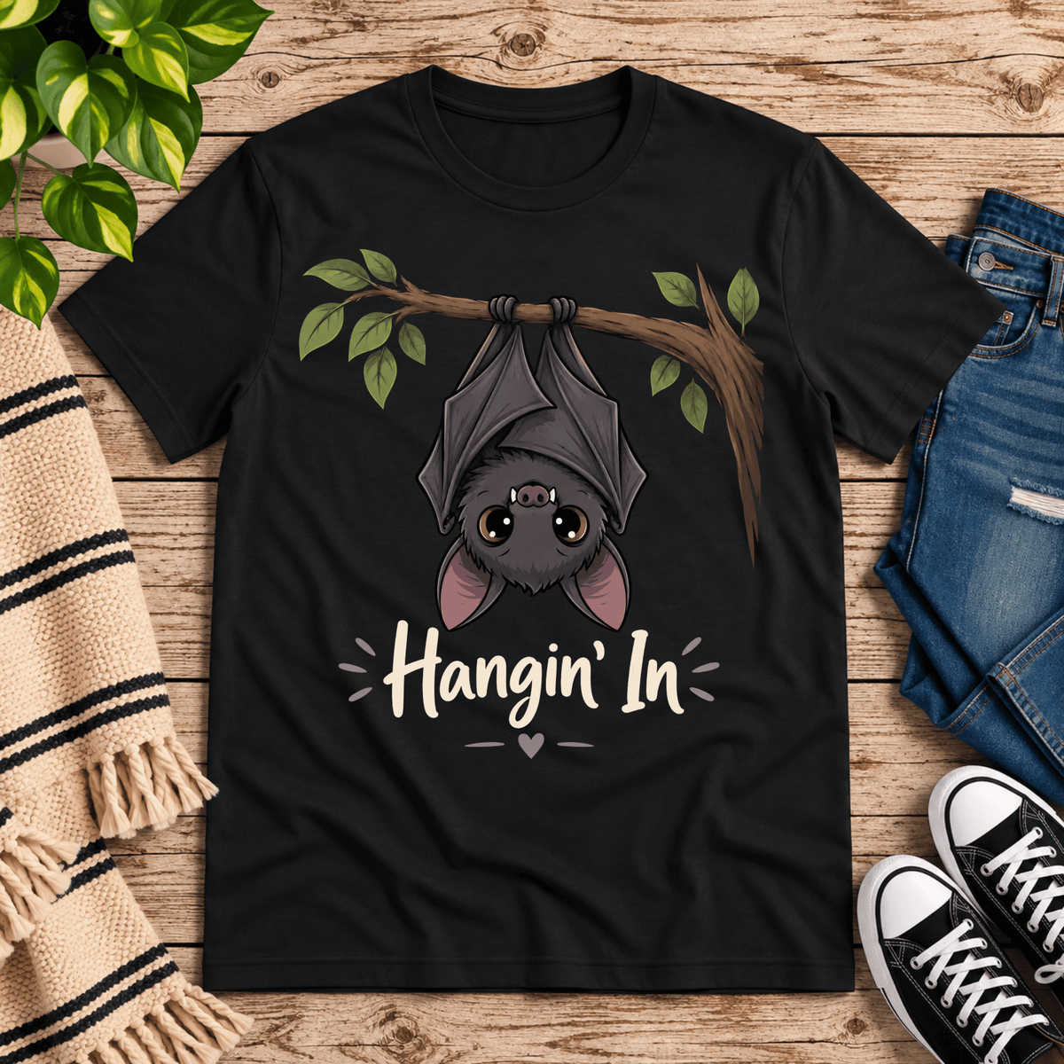 Hangin' In cute introvert graphic t-shirt cozy flat lay in vintage black.