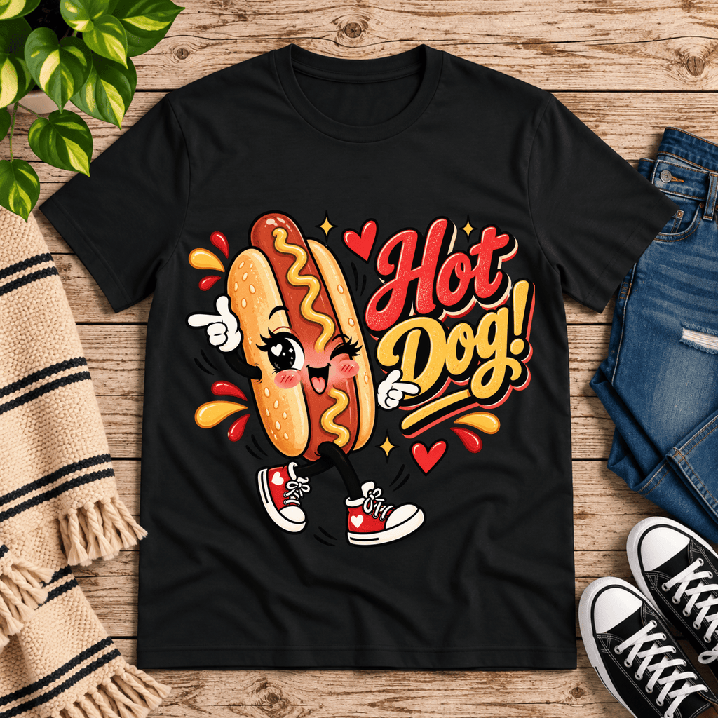 Hot Dog! retro food graphic t-shirt cozy flat lay in vintage black.