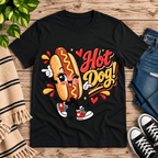 Hot Dog! retro food graphic t-shirt cozy flat lay in vintage black.