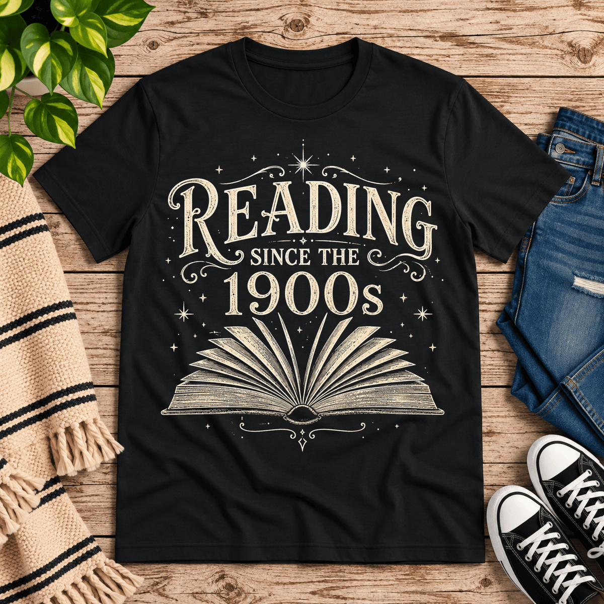 See Jane Read vintage book graphic t-shirt cozy flat lay in vintage black.
