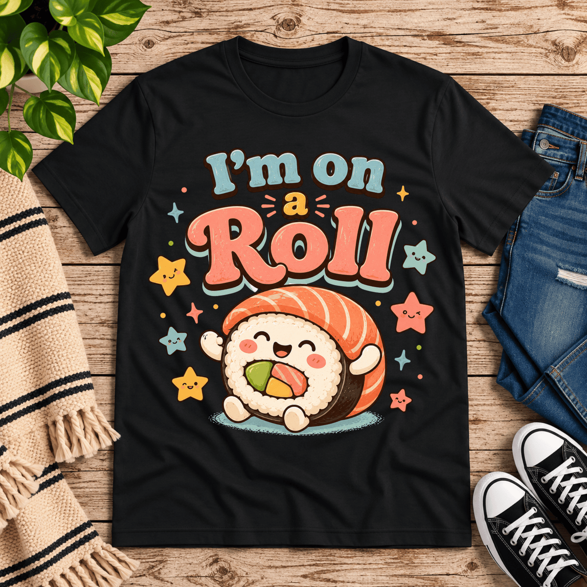 I'm On A Roll cute food graphic t-shirt cozy flat lay in vintage black.