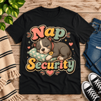 Nap Security cute animal graphic t-shirt cozy flat lay in vintage black.