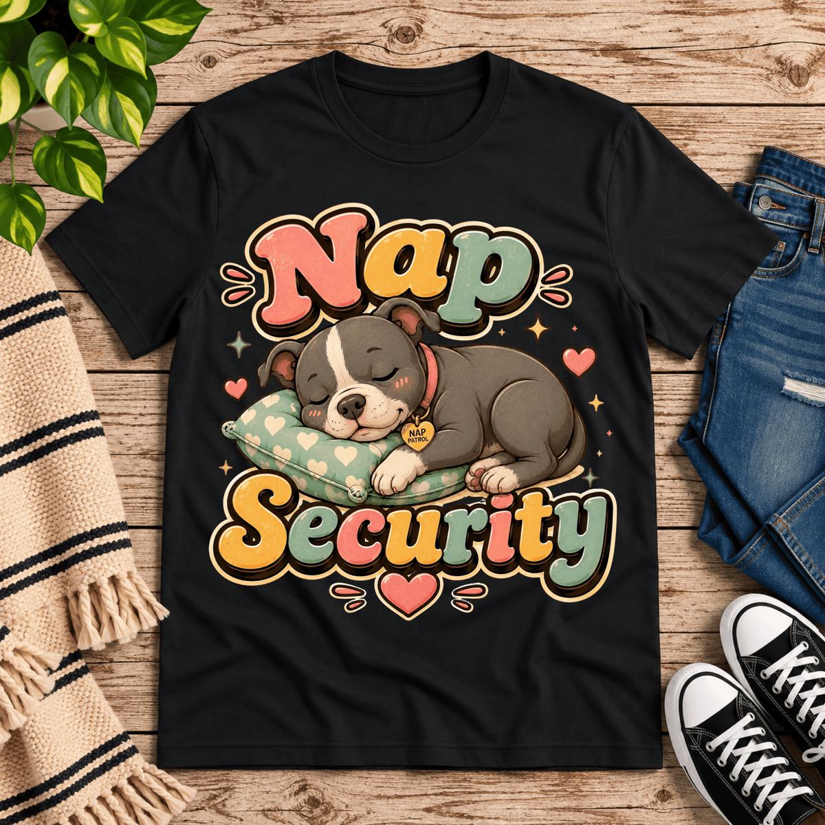Nap Security cute animal graphic t-shirt cozy flat lay in vintage black.