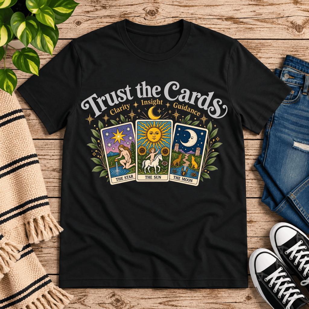Trust the Cards mystical tarot graphic t-shirt cozy flat lay in vintage black.