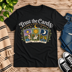 Trust the Cards mystical tarot graphic t-shirt cozy flat lay in vintage black.