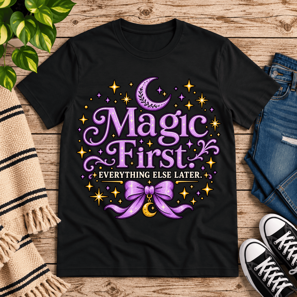 Magic First cute celestial graphic t-shirt cozy flat lay in vintage black.