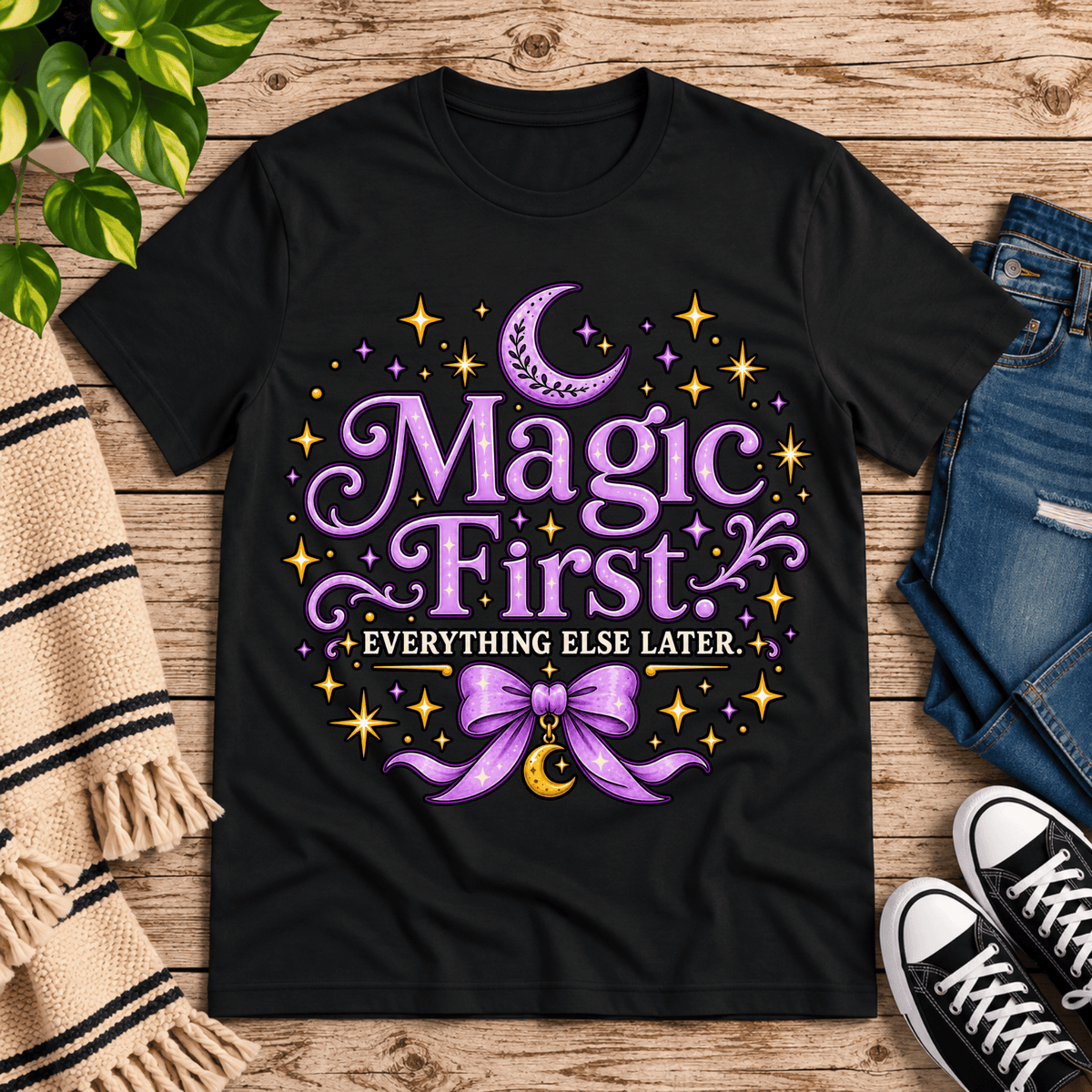Magic First cute celestial graphic t-shirt cozy flat lay in vintage black.