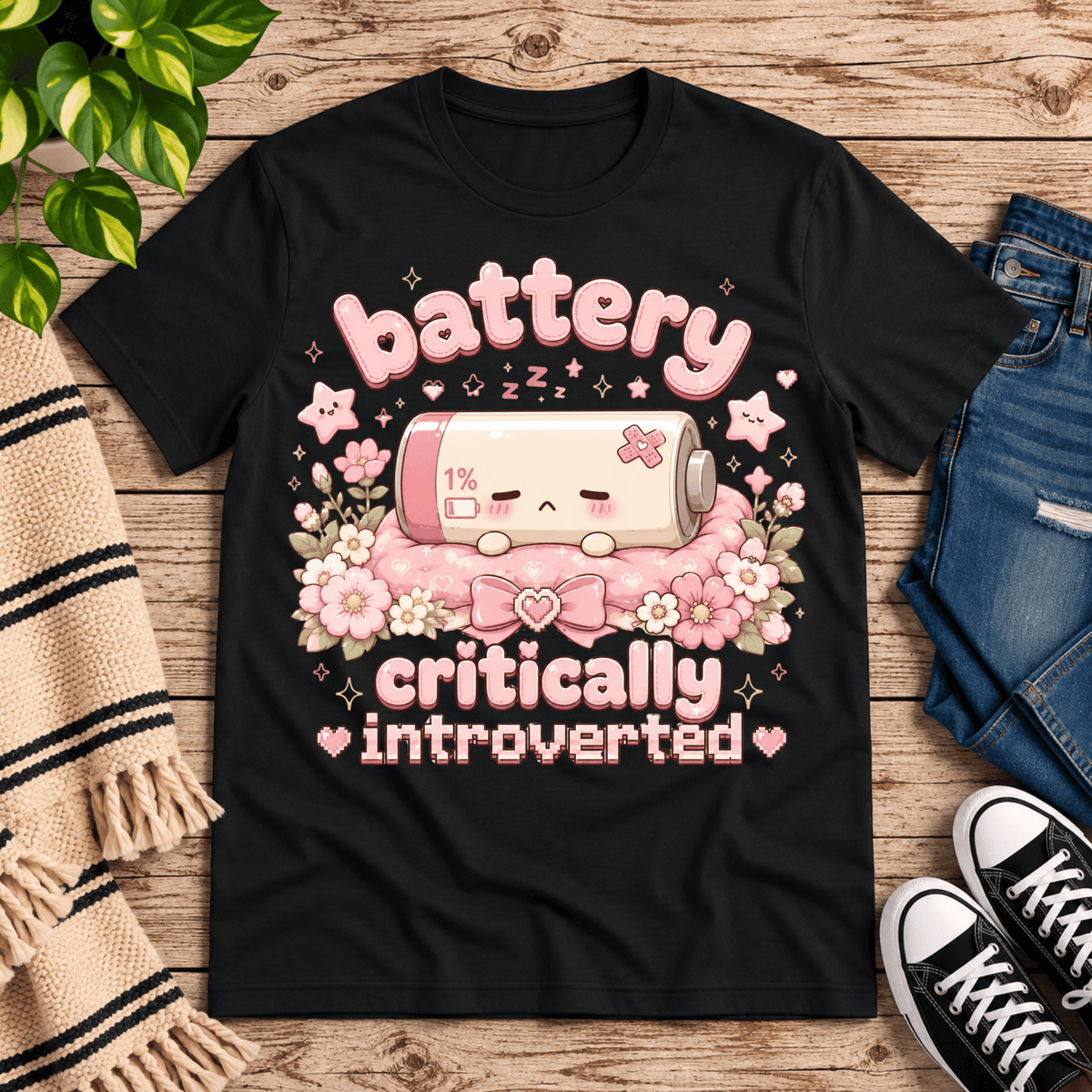 Battery Critical funny introvert graphic t-shirt cozy flat lay in vintage black.
