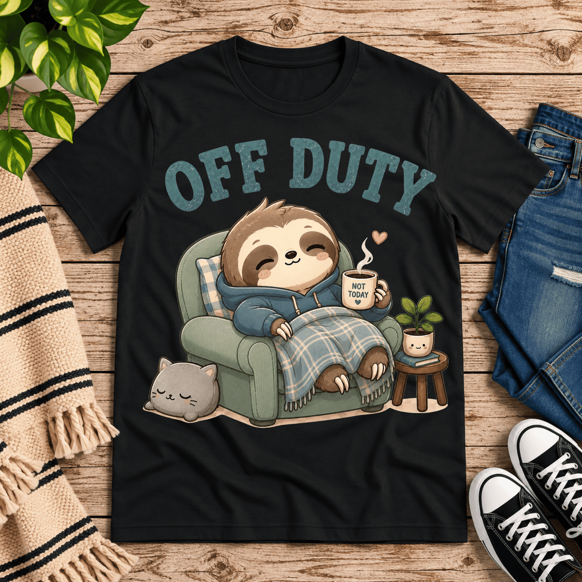 Off Duty cute animal graphic t-shirt cozy flat lay in vintage black.