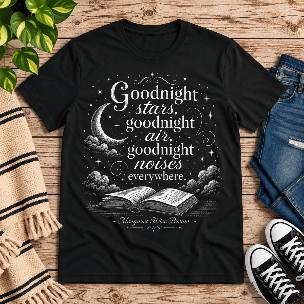 Goodnight Stars book quote graphic t-shirt cozy flat lay in vintage black.