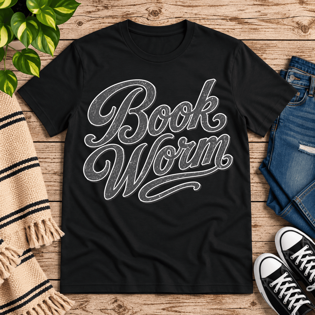 Book Worm book lover graphic t-shirt cozy flat lay in vintage black.