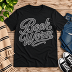 Book Worm book lover graphic t-shirt cozy flat lay in vintage black.