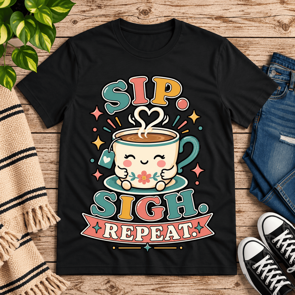 Sip. Sigh. Repeat. coffee graphic t-shirt cozy flat lay in vintage black.
