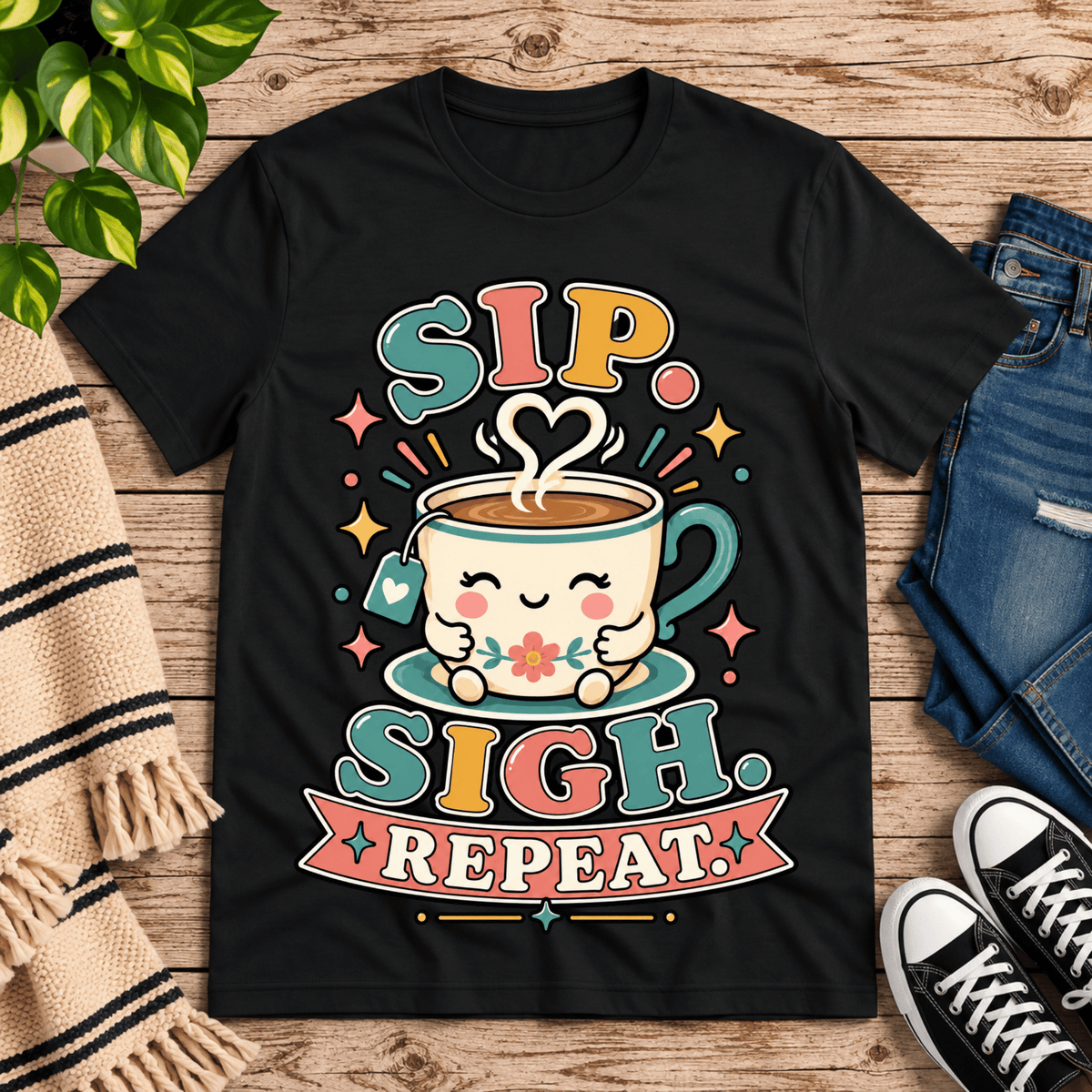 Sip. Sigh. Repeat. coffee graphic t-shirt cozy flat lay in vintage black.
