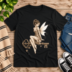 Key Fairy pinup graphic t-shirt cozy flat lay in vintage black.