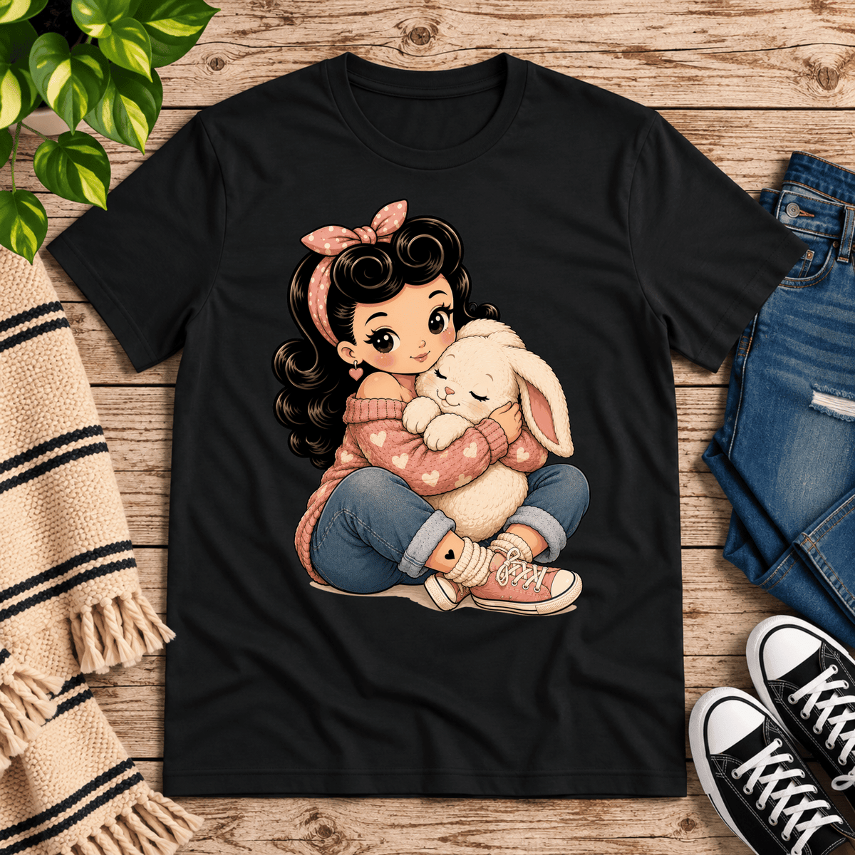 Bunny Bonnie cute pinup graphic t-shirt cozy flat lay in vintage black.