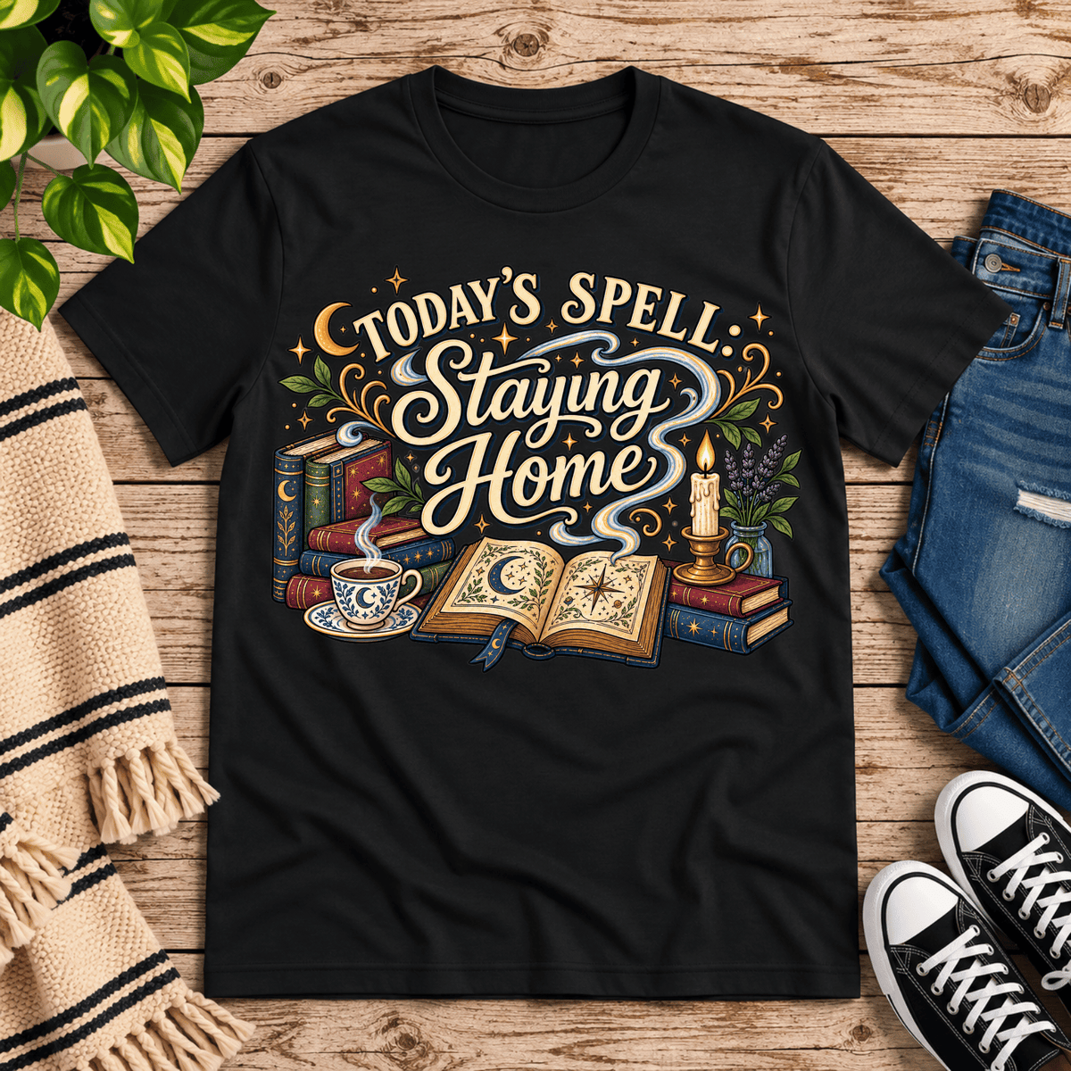 Today's Spell celestial witchy graphic t-shirt cozy flat lay in vintage black.