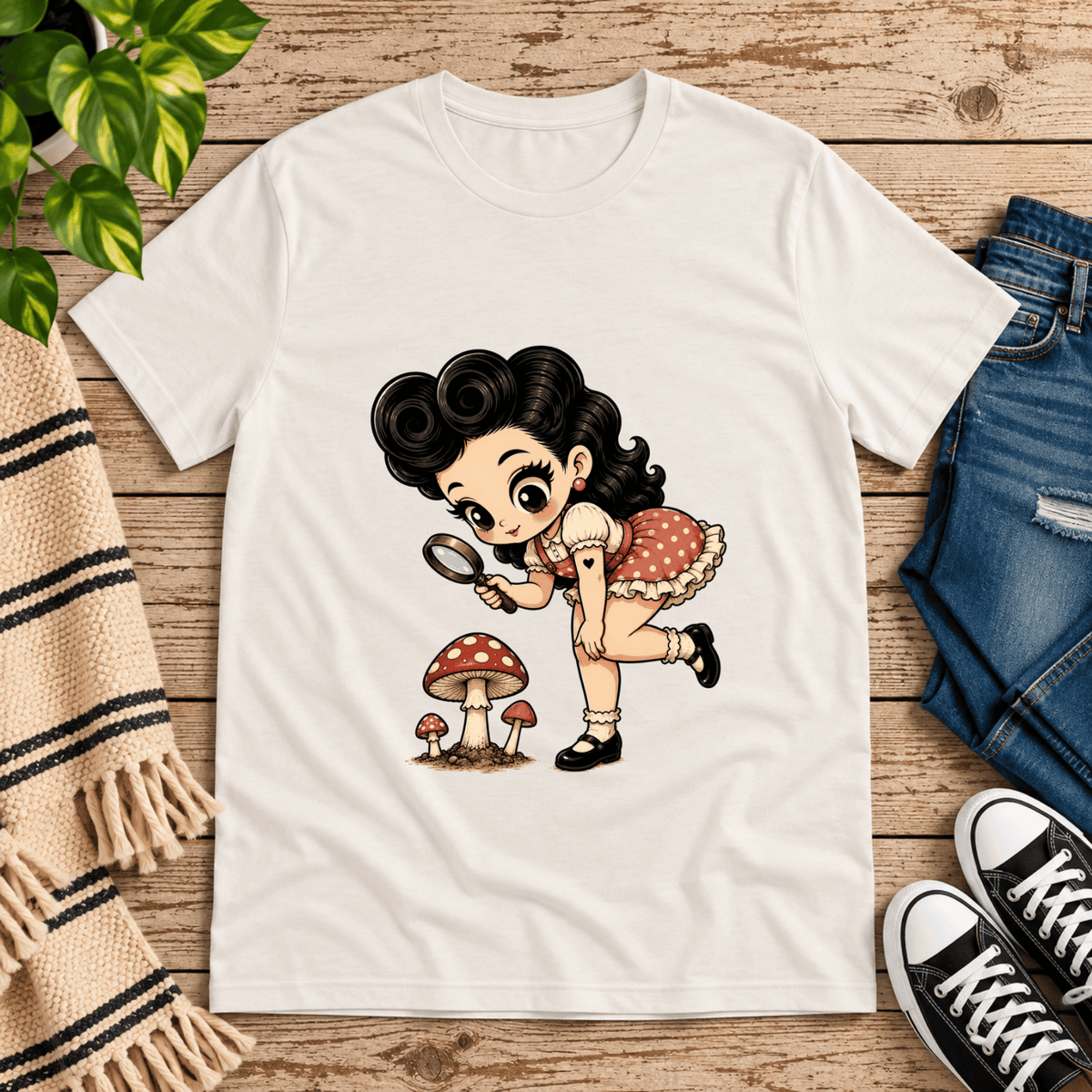 Mushroom Mabel cute pinup graphic t-shirt cozy flat lay in vintage white.