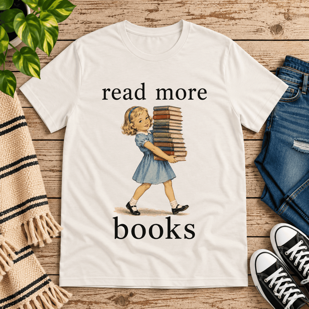 Read More vintage book graphic t-shirt cozy flat lay in vintage white.