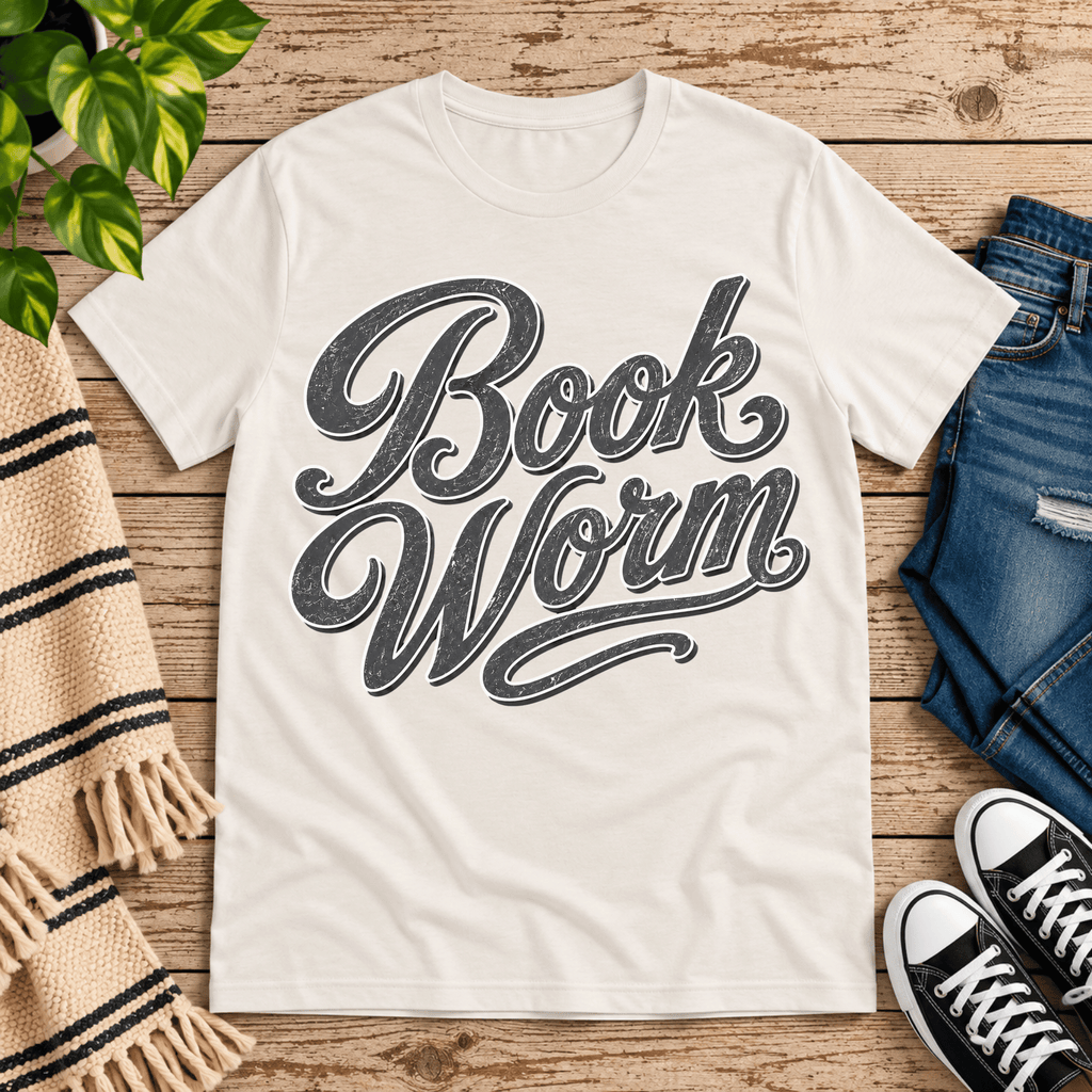 Book Worm book lover graphic t-shirt cozy flat lay in vintage white.
