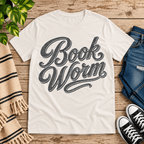Book Worm book lover graphic t-shirt cozy flat lay in vintage white.
