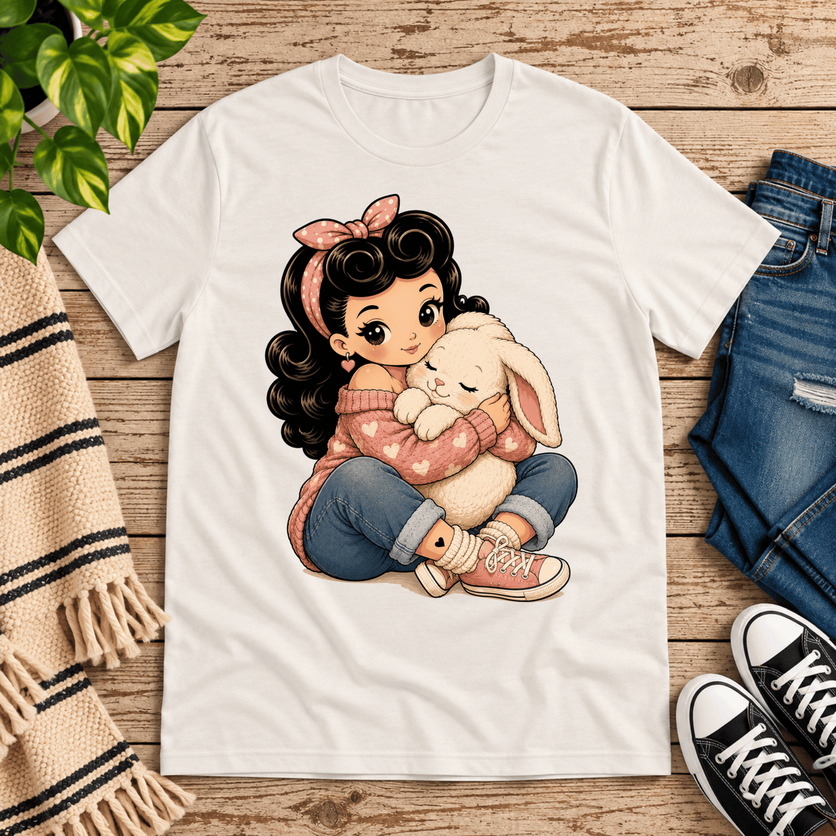 Bunny Bonnie cute pinup graphic t-shirt cozy flat lay in vintage white.