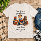 See Jane's Purchases vintage book graphic t-shirt cozy flat lay in vintage white.