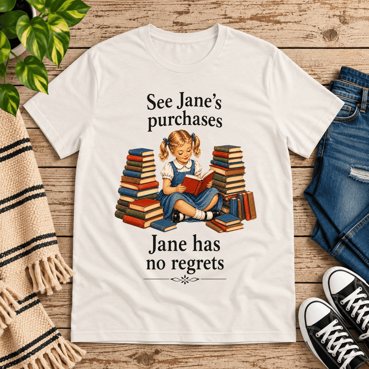 See Jane's Purchases vintage book graphic t-shirt cozy flat lay in vintage white.