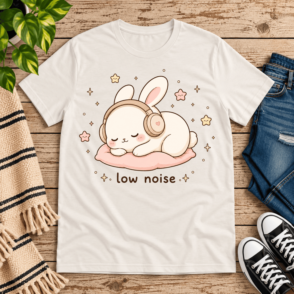 Low Noise Bunny cute animal graphic t-shirt cozy flat lay in vintage white.