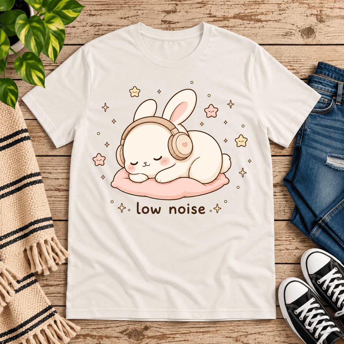Low Noise Bunny cute animal graphic t-shirt cozy flat lay in vintage white.