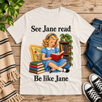 See Jane Read vintage book graphic t-shirt cozy flat lay in vintage white.