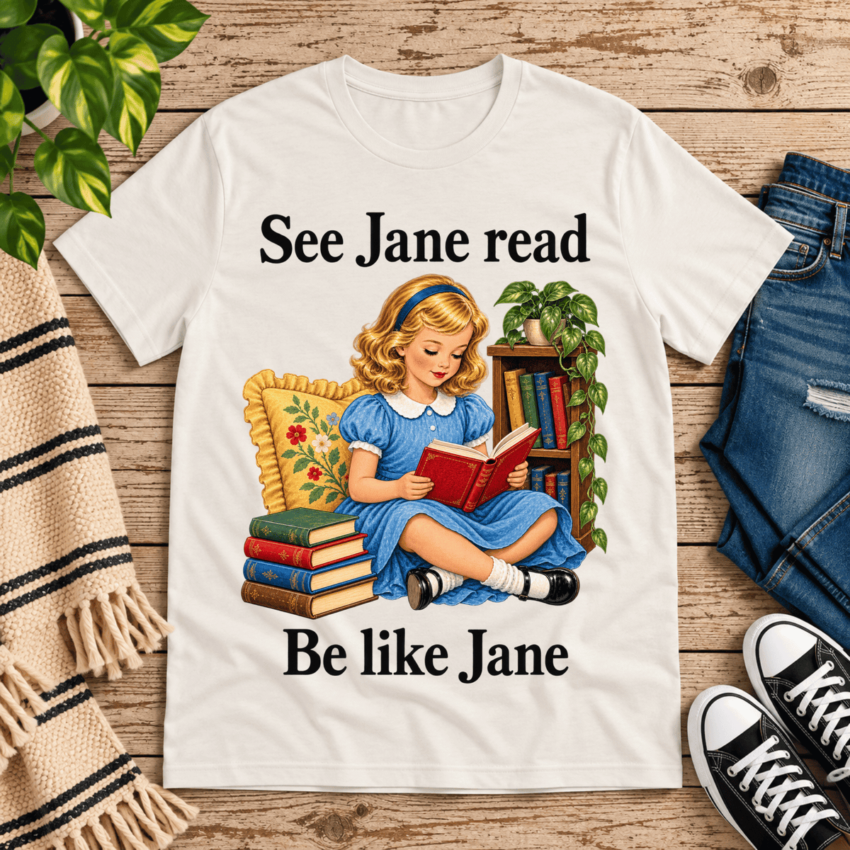 See Jane Read vintage book graphic t-shirt cozy flat lay in vintage white.