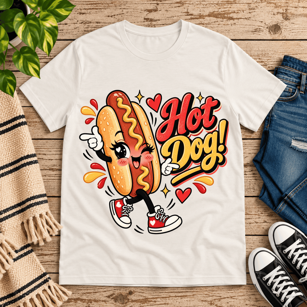 Hot Dog! retro food graphic t-shirt cozy flat lay in vintage white.