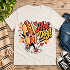 Hot Dog! retro food graphic t-shirt cozy flat lay in vintage white.