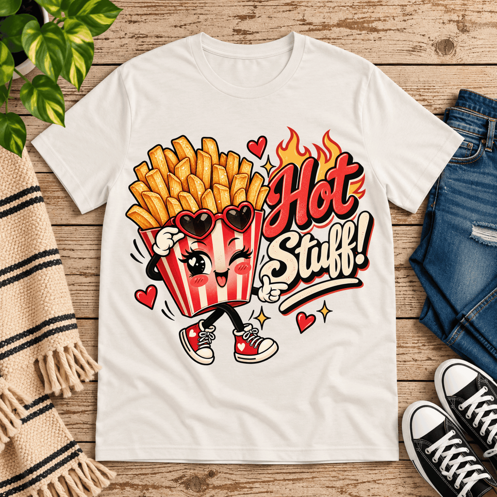 Hot Stuff retro food graphic t-shirt cozy flat lay in vintage white.