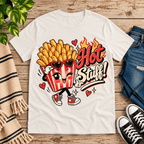 Hot Stuff retro food graphic t-shirt cozy flat lay in vintage white.