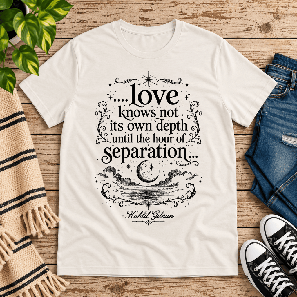 Love Knows Not book quote graphic t-shirt cozy flat lay in vintage white.