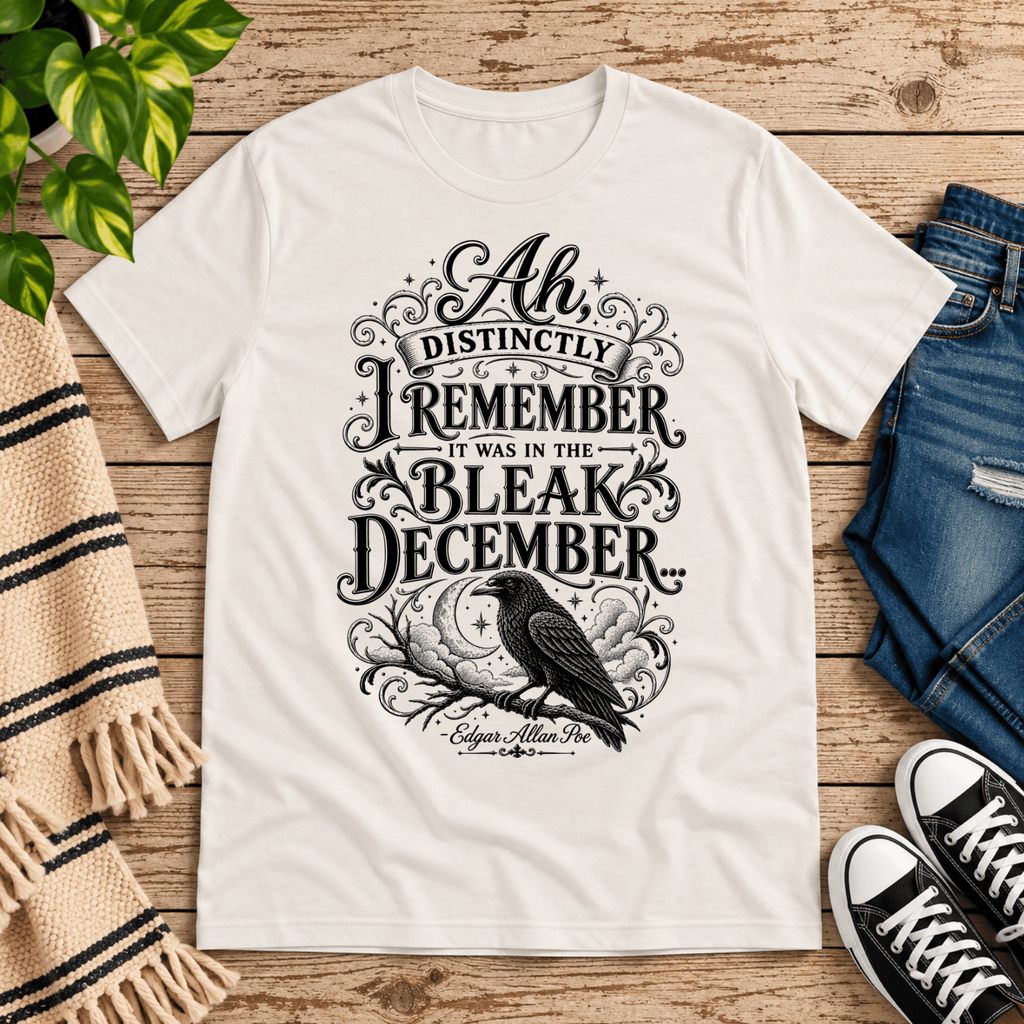 Bleak December book quote graphic t-shirt cozy flat lay in vintage white.