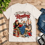 A cozy flat lay mockup of I'd Rather Be retro book graphic t-shirt in vintage white.