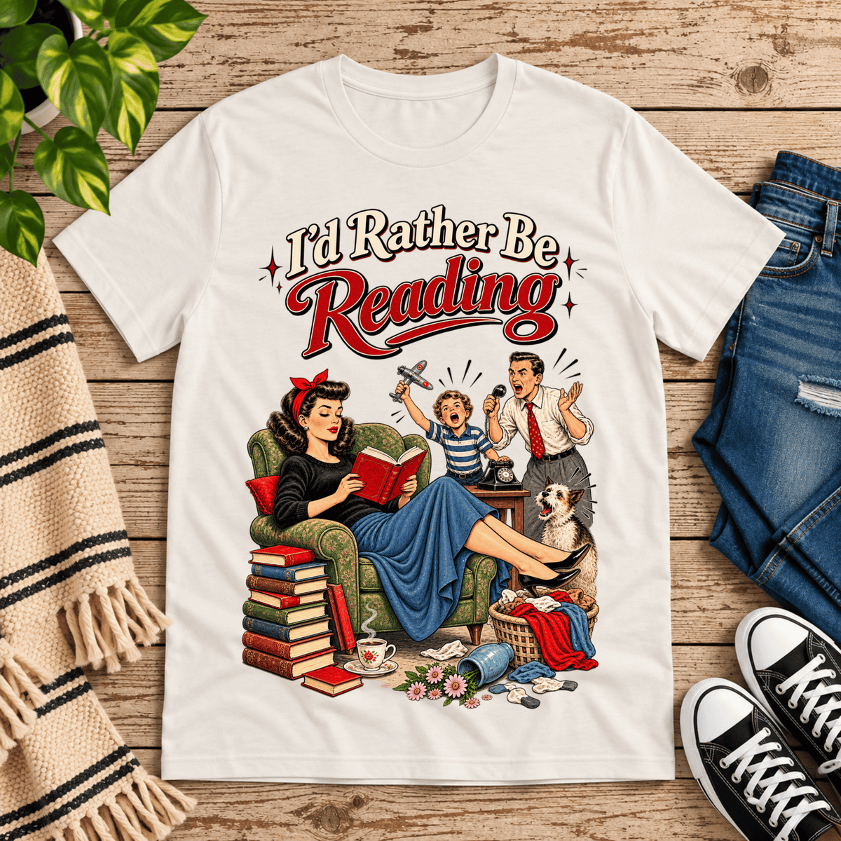 A cozy flat lay mockup of I'd Rather Be retro book graphic t-shirt in vintage white.