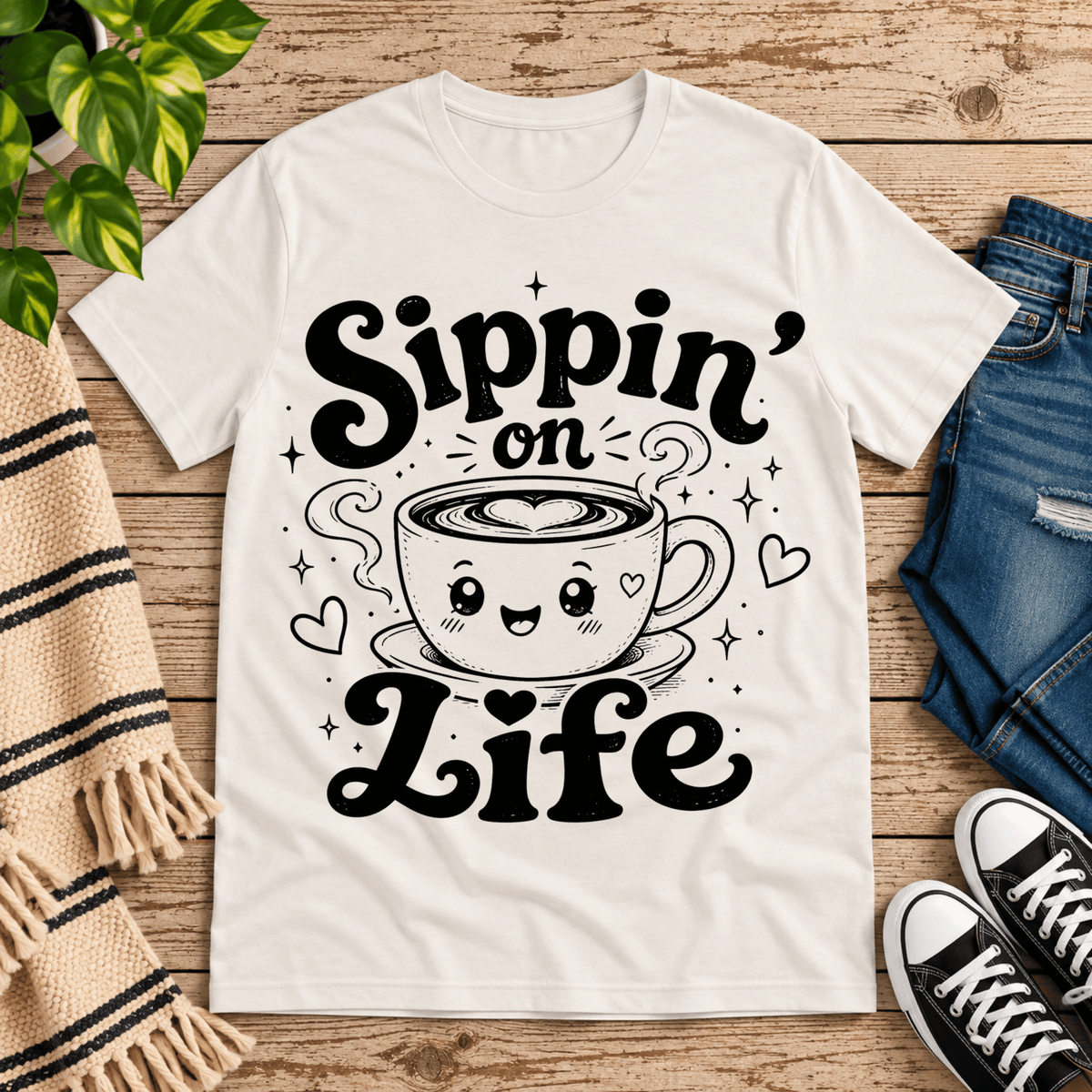 Sippin' on Life cute coffee graphic t-shirt cozy flat lay in vintage white.