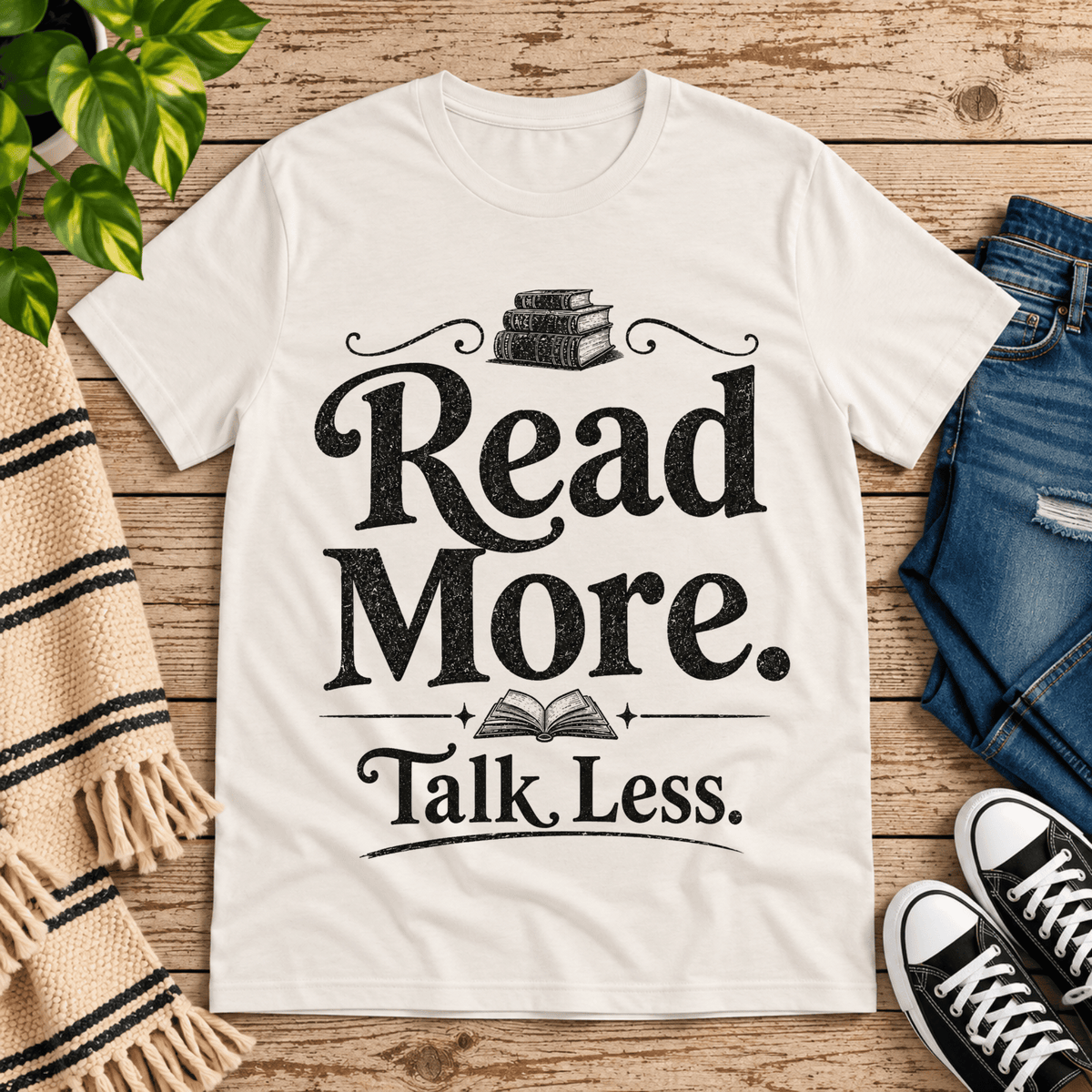 Talk Less funny book graphic t-shirt cozy flat lay in vintage white.