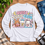 Quiet Cutie Club introvert graphic long sleeve cozy flat lay in white.